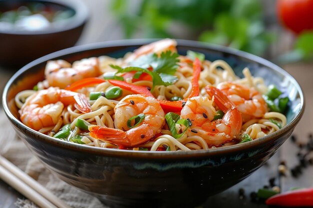 Noodles asiáticos con camarones y verduras