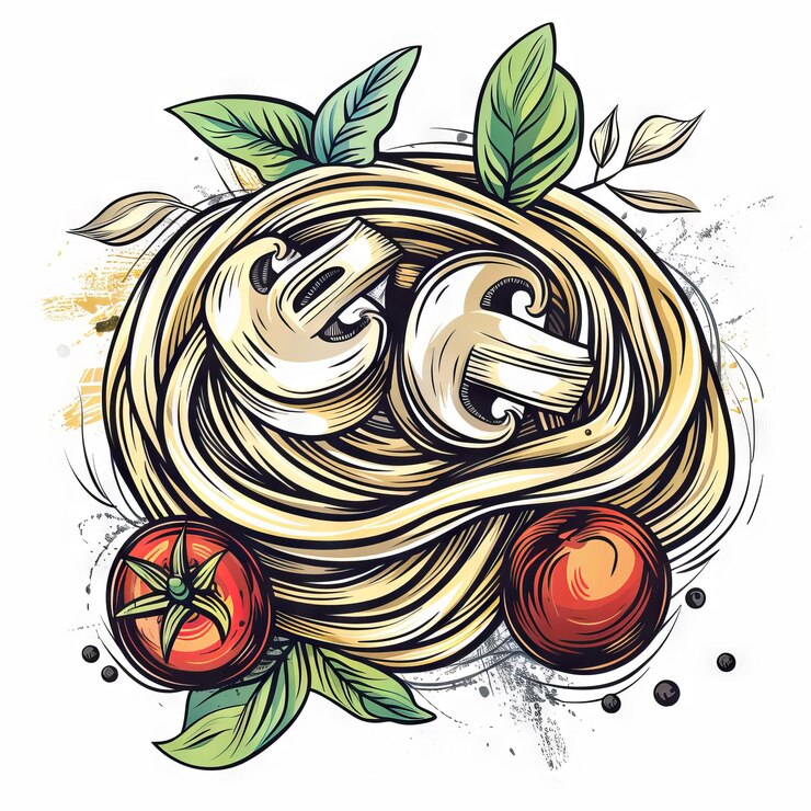 Foto noodles doodle set espaguete desenho de cogumelos de tomate e manjericão abstract imagem à mão livre