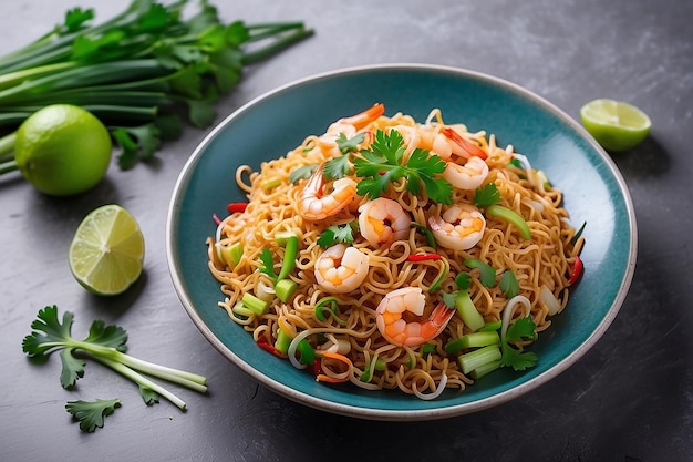 Noodles instantâneos fritos com camarões estilo de fusão de comida asiática tailandesa prato fácil comida de rua popular decorar vegetais cebola de primavera e alho-poró topview