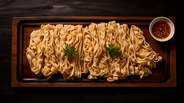 Foto noodles ricamente estratificados em um prato de madeira um deleite simétrico e artístico