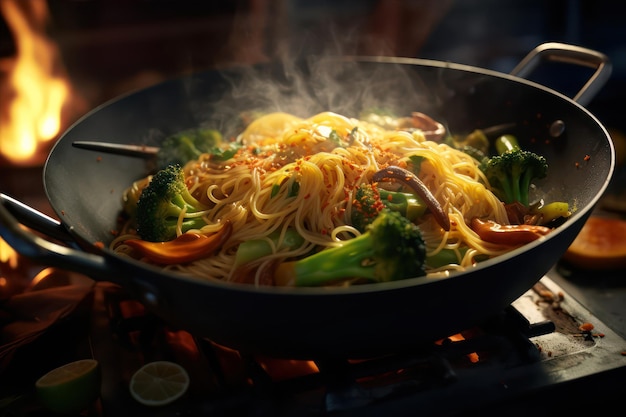 Noodles con verduras en un wok sobre un fondo oscuro