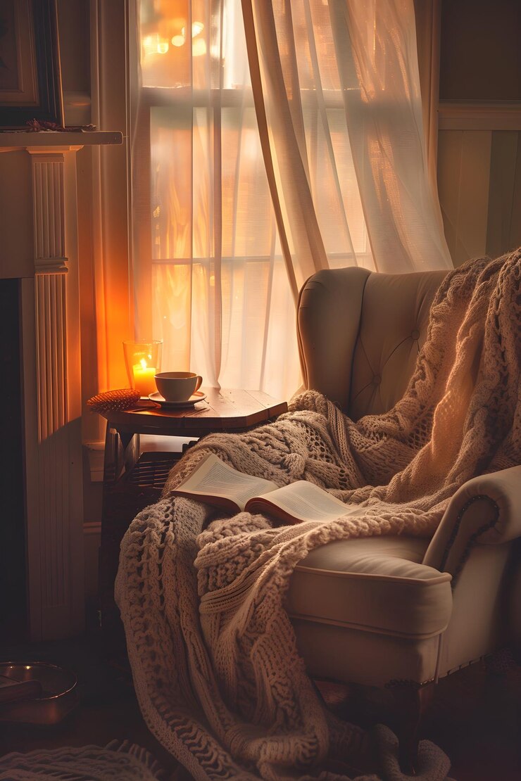Foto nook convidativo com poltrona de tricô e chá a vapor em uma sala suave e aconchegante