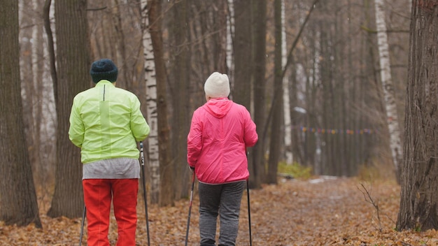 Nordic Walking für ältere Frauen im Freien zwei ältere Damen trainieren im Freien Rückansicht