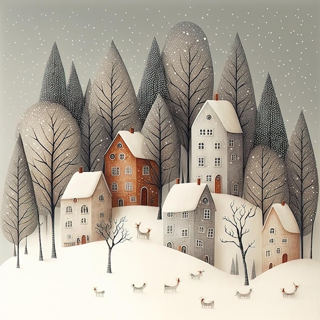 Nordische Winterlandschaft mit süßen Häusern Weihnachtsillustration für Kinder und Märchengen