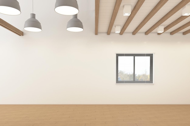 Nordischer leerer Raum mit Hängelampe und weißer Wand des Fensters und 3D-Darstellung des Holzbodens