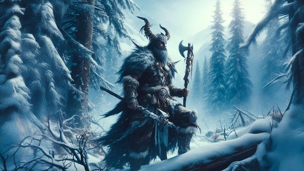 Nordischer Schaman mit Stab in Blizzard Horned Helmet Enchanted Wilderness