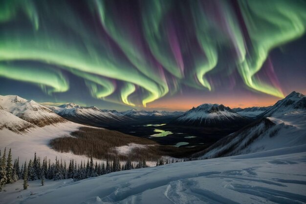 Foto nordlichter beleuchten die frostige berglandschaft