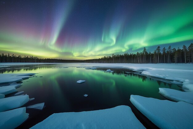 Foto nordlichter, polarlicht am nachthimmel über einem gefrorenen see in lappland