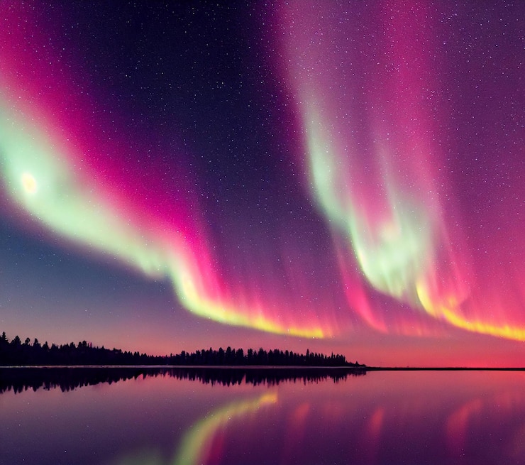 Foto nordlichter über dem aurora borealis-see mit sternenhimmel am nachthimmel fantastische epische wintermagie
