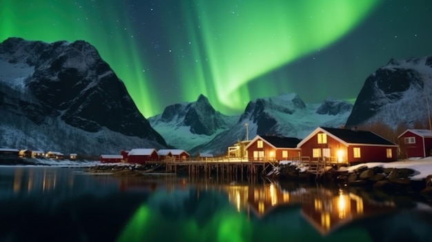 Nordlichter über dem Dorf der Lofoten-Inseln Norwegen Generative KI