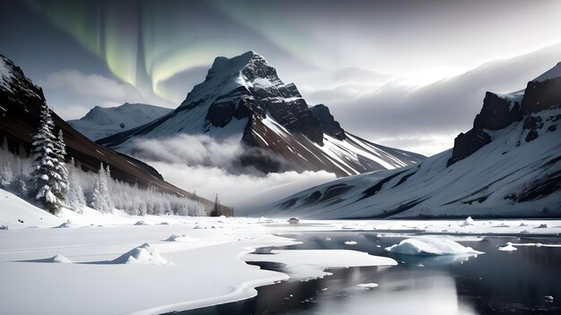 Nordlichter über dem See in der verschneiten Winterberglandschaft Aurora Borealis Hintergrundbild