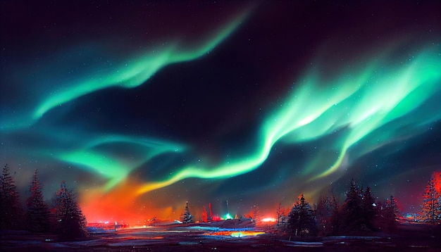 Nordlichter über dem verschneiten Wald Abstrakte Illustrationskunst