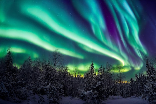 Nordlichter über dem Wald. Aurora Borealis mit Sternen am Nachthimmel. Fantastischer Winter