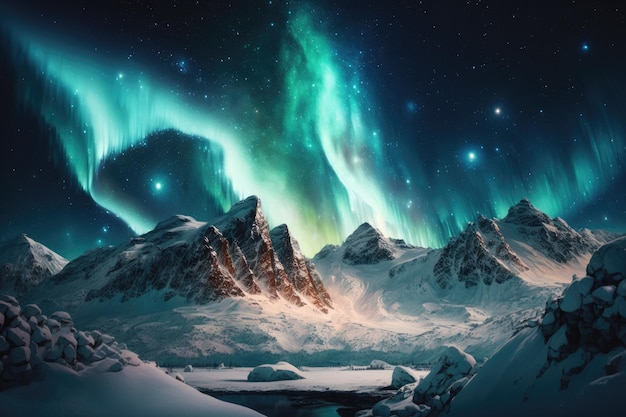 Nordlichter über schneebedeckten Bergen Aurora Borealis mit Sternenhimmel am Nachthimmel Fantastische epische magische Winterlandschaft mit schneebedeckten Bergen