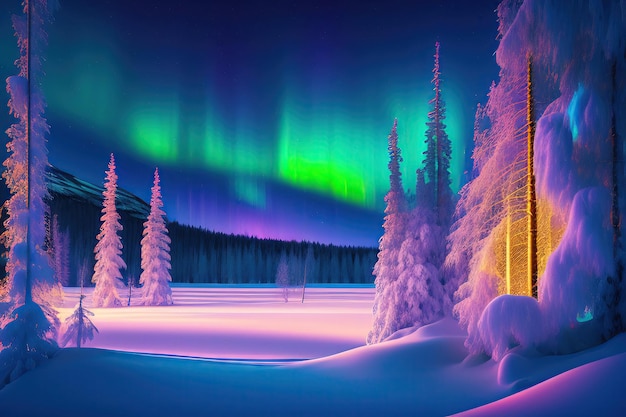 Nordlichter vor dem Hintergrund schneebedeckter Bäume im Winterwald Digitale Kunstwerke