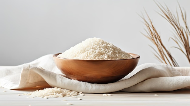Nordost-Reis in einer Schüssel mit einem Leinenhandtuch auf weißem Hintergrund