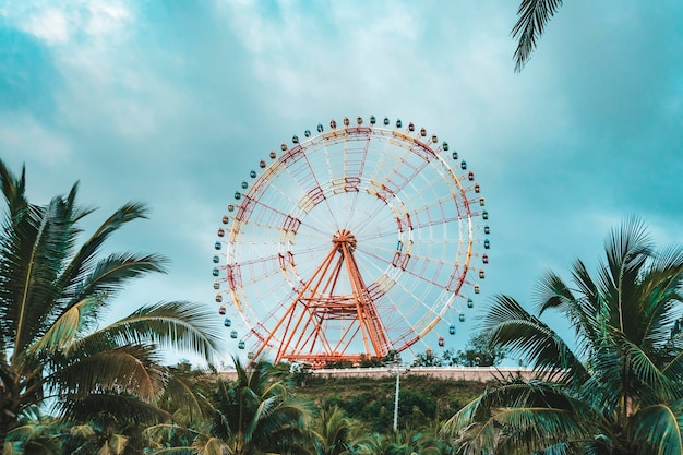 Noria alegría cielo nubes parque de atracciones. Noria alta rodeada de palmeras en una isla tropical. En Vietnam en Nha Trang.