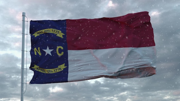 North Carolina Winter Flagge mit Schneeflocken Hintergrund Vereinigte Staaten von Amerika 3D-Darstellung