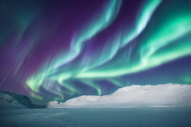 Northern Lights sobre montanhas nevadas. Aurora boreal com estrelado no céu noturno Inverno fantástico