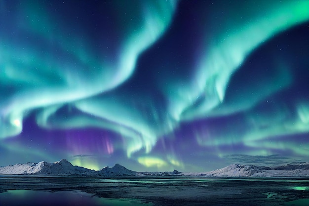 Northern Lights sobre montanhas nevadas. Aurora boreal com estrelado no céu noturno Inverno fantástico