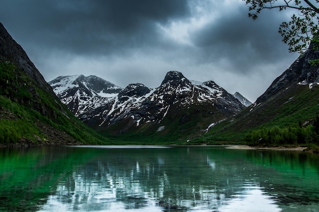 Noruega ajardina las montañas del lago en el fondo y el cielo nublado