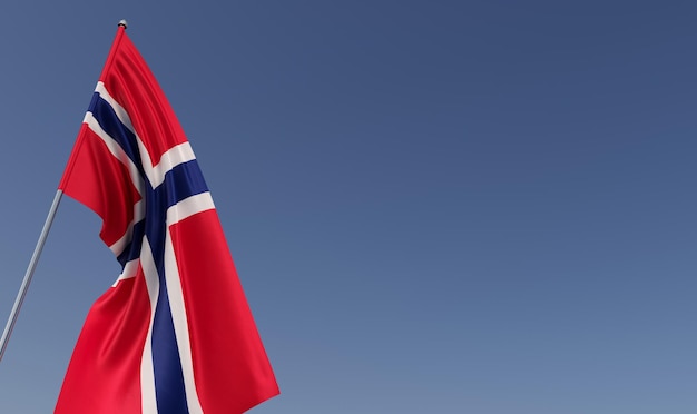 Norwegen Flagge am Fahnenmast auf blauem Hintergrund Platz für Text Die Flagge entfaltet sich im Wind Norwegische Oslo Europa 3D-Darstellung