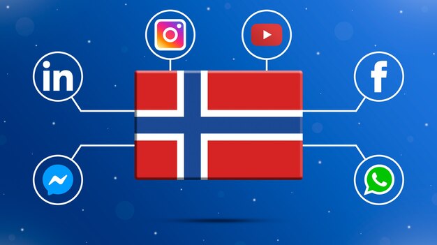 Norwegen-Flagge mit Social-Media-Logos 3d