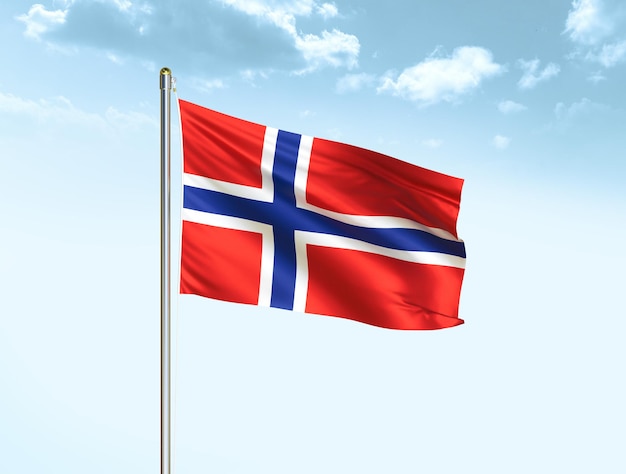 Norwegen Nationalflagge weht in blauem Himmel mit Wolken Norwegen Flagge 3D-Darstellung