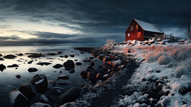 Norwegische Landschaft mit alten Redwood-Scheunen an der Meeresküste