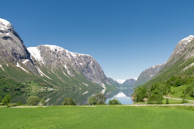 Norwegischer Fjord, umgeben von grüner Natur