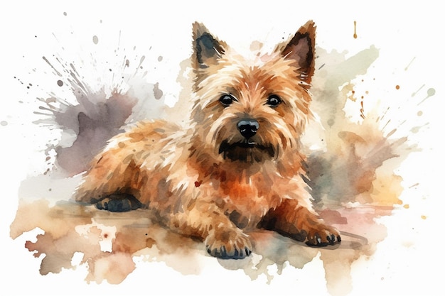 Norwich terrier adorable cachorro perro acuarela ilustración con manchas de color todas las razas de perros