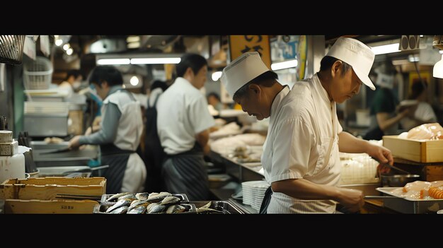 Foto nos bastidores de um movimentado restaurante japonês, os chefs estão trabalhando duro preparando a comida