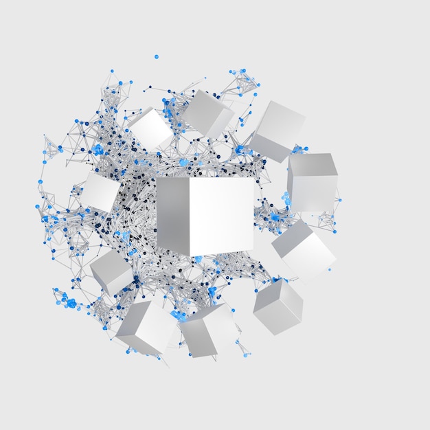 Nós brilhantes com renderização 3d de cubos brancos