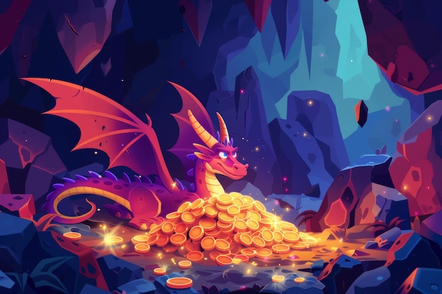 Nos contos de fadas medievais, animais voadores guardam o tesouro de cavernas de montanha e dragões guardam pilhas de ouro. Ilustração de desenhos animados de criaturas de fantasia.