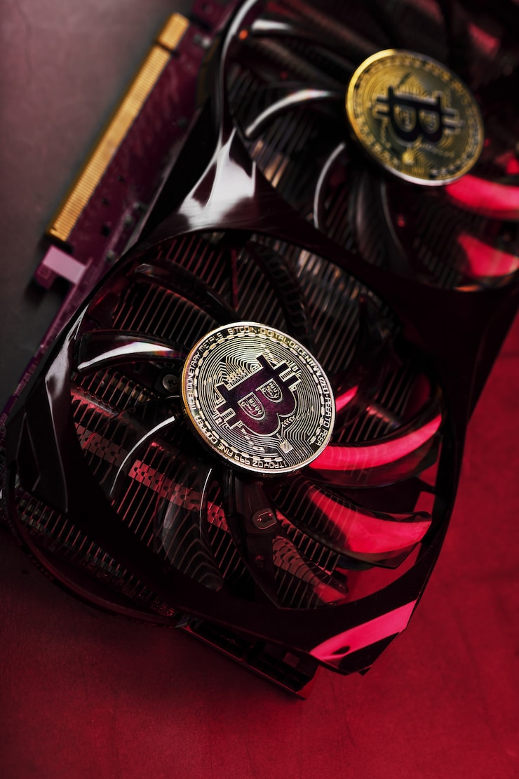 Foto nos fãs de uma poderosa placa de vídeo, as moedas da criptomoeda bitcoin com uma luz de fundo vermelha são exibidas. o conceito de mineração e mineração de criptomoeda uma fazenda de criptomoedas.