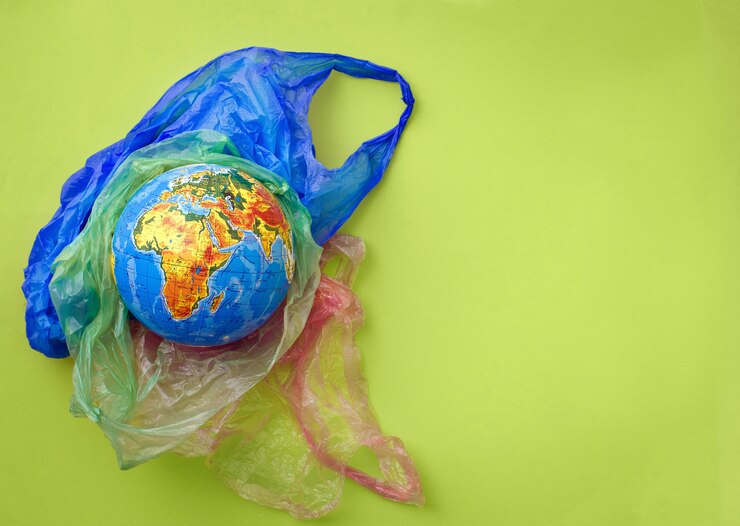 Foto nosso conceito de mundo plástico, planeta de plástico