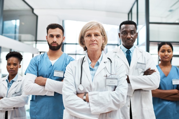 Nosso objetivo é melhorar a qualidade e a eficácia dos cuidados de saúde Retrato de um grupo de médicos reunidos em um hospital