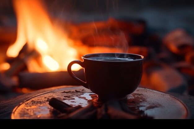 Nostalgia ao lado da lareira Desfrutando de uma xícara de café quente perto da fogueira