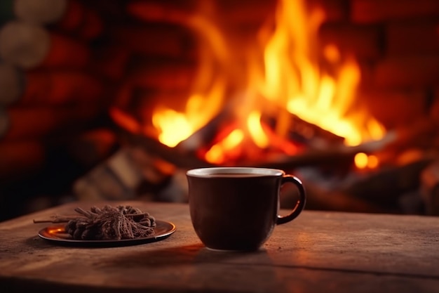 Nostalgia ao lado da lareira Desfrutando de uma xícara de café quente perto da fogueira