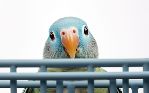 Foto la nostalgia y la curiosidad del loro sobre un fondo blanco