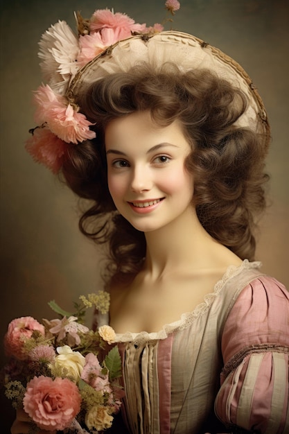 Nostalgia da velha Paris Foto antiga de uma jovem francesa sorridente com flores do século XVIII