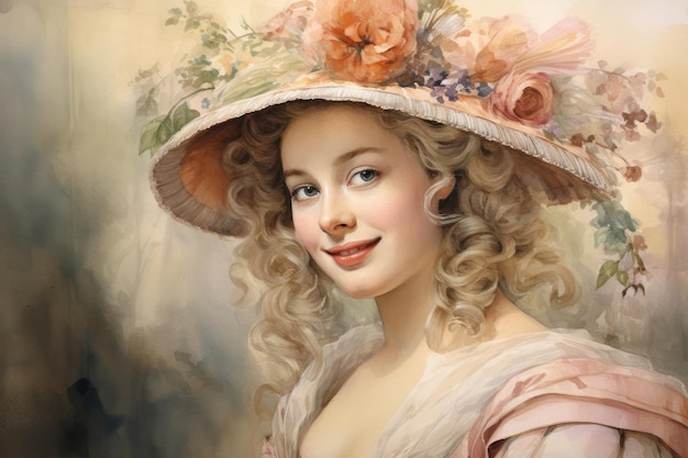 Nostalgia da velha Paris Ilustração em aquarela de uma jovem francesa com flores do século XVIII
