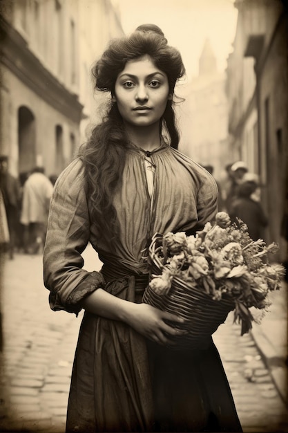 Nostalgia por la vieja París Vieja foto de una joven y bonita mujer francesa con flores del siglo XVIII