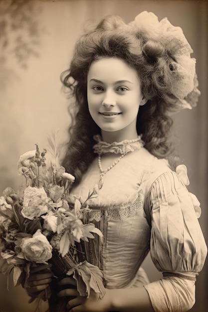 Nostalgia por el viejo París Foto antigua de una joven francesa sonriente con flores del siglo XVIII