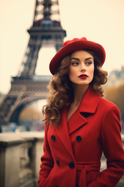 Nostalgia por el viejo París Hermosa mujer francesa cerca de la Torre Eiffel