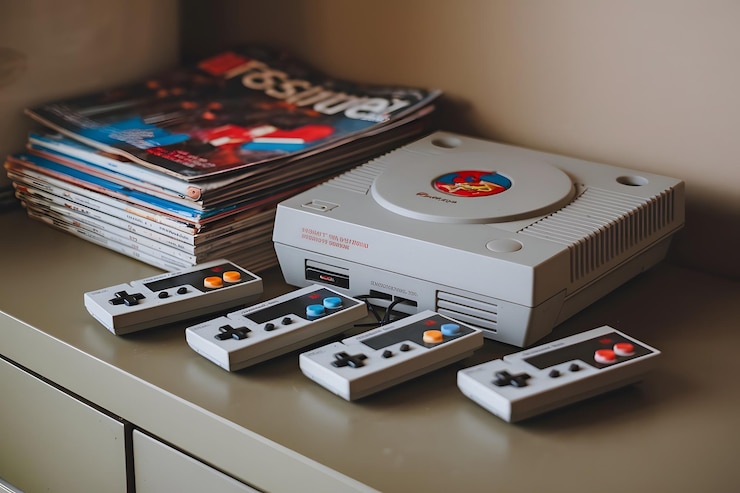Foto nostálgica configuração de jogo consola clássica com controladores em um aparelho elegante