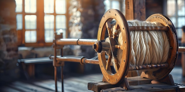 Nostálgica Roda de Fiação Vintage História de Produção de lã Conceito Indústria têxtil Máquinas Vintage Produção de lana Roda de fiação Nostálxica Patrimônio