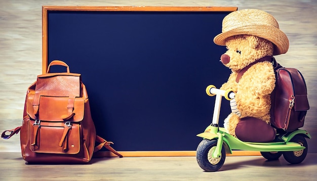 Nostálgica Schoolboy Adventure Retro Teddy Bear Brinquedo e Vintage Pedal Scooter Capturar o Charme