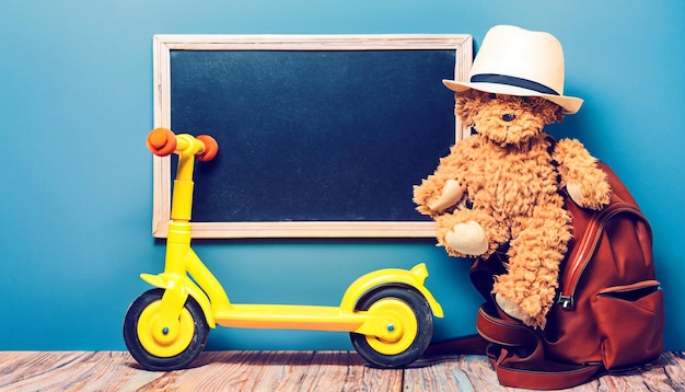 Nostálgica Schoolboy Adventure Retro Teddy Bear Brinquedo e Vintage Pedal Scooter Capturar o Charme