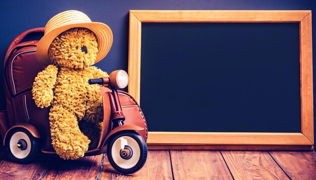 Nostálgica Schoolboy Adventure Retro Teddy Bear Brinquedo e Vintage Pedal Scooter Capture